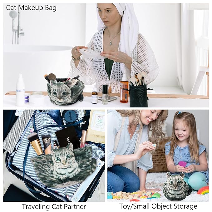 Openhaha Drawstring Cat Travel Organizer, Cosmetic Pouch - Lay Flat Makeup Bag Gifts for Cat Lovers (2-pack)