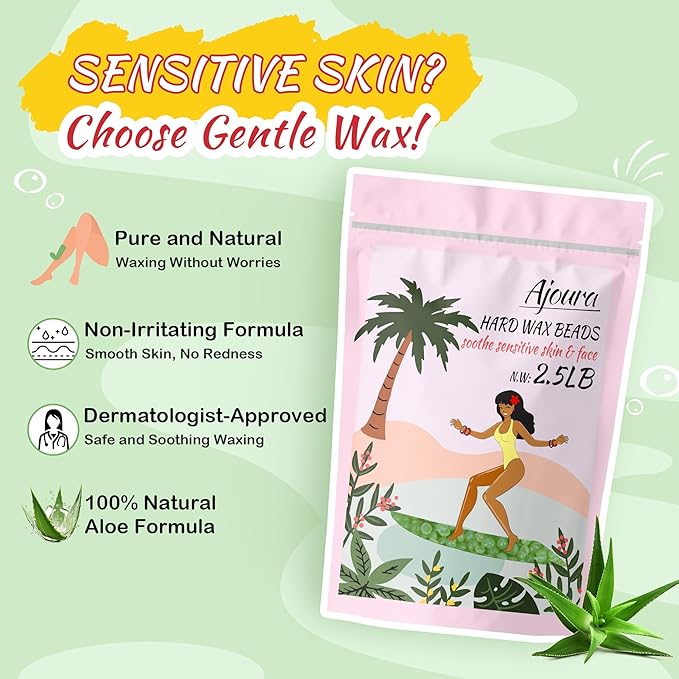 Ajoura 2.5LB Aloe Hard Wax Beads, Premium Wax for Sensitive Skin Hair Removal, Perfect for Full Body, Bikini, Face, Eyebrow, Back, Chest, Legs, Armpit, Big Pack Refill for Home & Salon Waxing (Green)