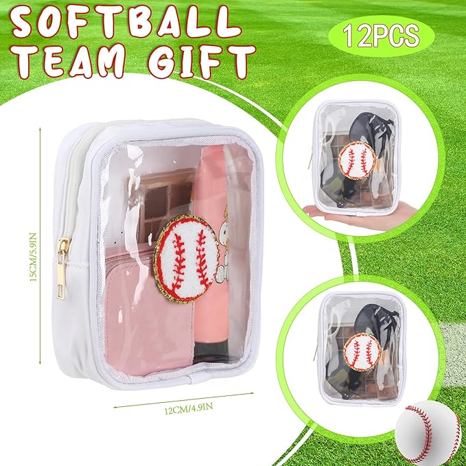 Reginary 12 Pcs Chenille Patch Gift Bags Senior Night Gift Bag Waterproof Travel Size Pack for Party Favors Team Stuff(White,Baseball)