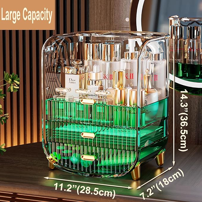 Makeup Organizer, Large Capacity Cosmetics Makeup Organizer for Vanity, Dustproof Waterproof Cosmetics Display Case with Drawers for Skincare, Lipstick, Brushes and Jewelry (Green)