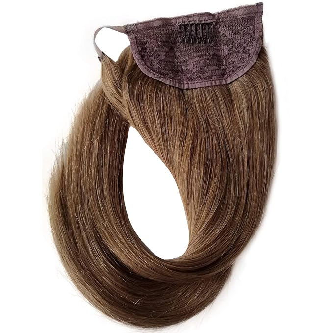 Ponytail Hair Extensions Remy Hair Ponytail Extension Clip in Hair Extensions Wrap Around Ponytail Hair Extensions Ash Brown Human Hair 16 inch Ponytail Natural Hair Extensions Straight for Women 80G
