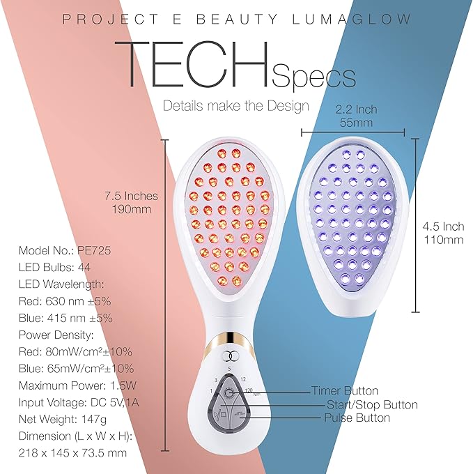 Project E Beauty LumaGlow Red & Blue LED Light Therapy Anti-Aging & Anti-Acne | Fine Lines & Wrinkles Scars | FDA-Cleared Handheld Device for Spa & Home Use