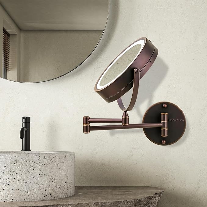 OVENTE 7" Lighted Wall Mount Makeup Mirror with 1X/10X Magnification, Cordless Double Sided Magnifying Round Vanity Mirror, 360° Swivel Design, Extendable and Folding Arm, Antique Bronze MFW70ABZ1X10X