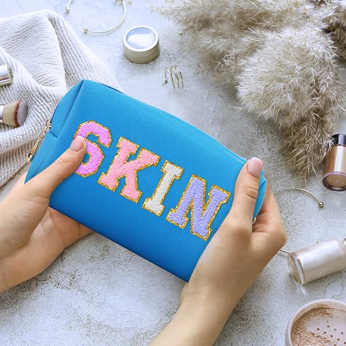 Sanwuta 9 Pcs Preppy Makeup Bag PU Leather Cosmetic Bag Makeup Pouch Plain Waterproof Toiletry Organizers for Traveling Preppy Travel Purse End of the Year Teacher Gifts Bulk(Blue)