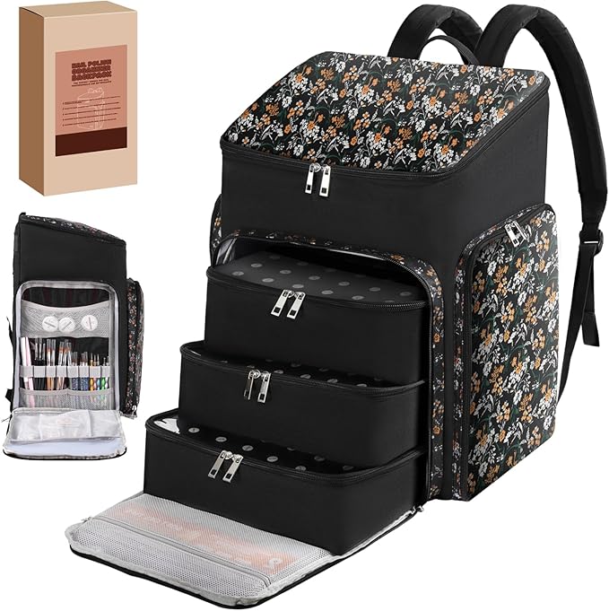 DERSTUEWE Floral Pattern Nail Polish Storage Backpack, Large Capacity Organizer Case with Multiple Compartments, Black