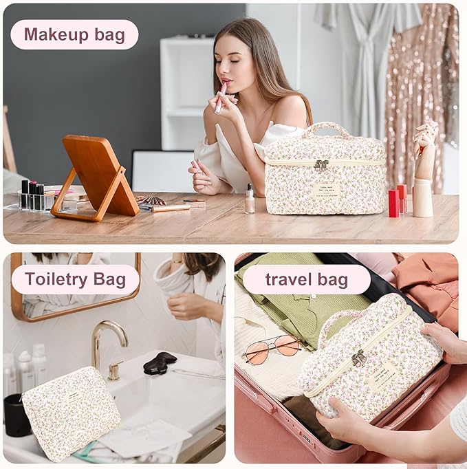 3Pcs Makeup Bag Cotton Quilted Travel Cosmetic Bag Cute Floral Makeup Pouch Large Toiletry Bag for Women Girls (Pink Floral)