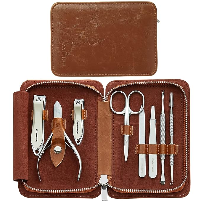 FAMILIFE Manicure Set, Nail Clippers Pedicure Tool, 8 pcs Stainless Steel Manicure Kit Professional Grooming Tool, Nail Kit with Portable Brown Leather Travel Case Luxury Gifts for Men