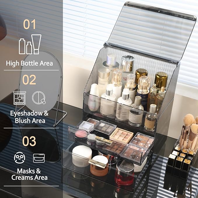 Makeup Organizer with Lid Cosmetic Storage Box for Bathroom Counter Cosmetic Display Case with Drawers for Vanity Countertop Makeup Storage with Lipstick Holder(Clear Black Flat Lid)