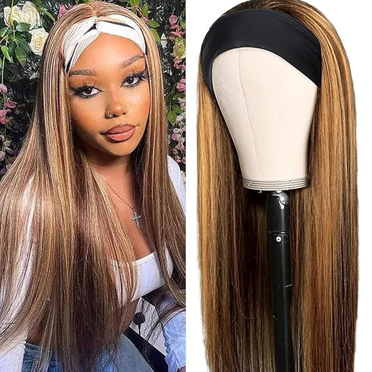 Aiterina Headband Wig Human Hair Straight Human Hair Wigs for Black Women Virgin Brazilian Machine Made Wigs 4/27 Blonde Machine Made Human Hair Wig 150% Density 18 Inch