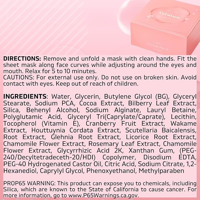 Lululun 32 EA Facial Sheet Mask for Extra Dry Skin & All Skin Types Women & Men, Hydrating & Moisturizing Daily Face Sheet Mask with Seaweed & Cranberry Extracts, Natural Japanese Skincare, PURE PINK