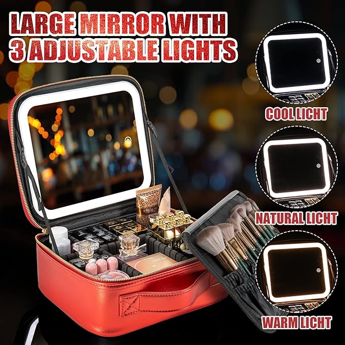 Makeup Travel Train Case with Mirror LED Light 3 Adjustable Brightness Cosmetic Bag Portable Storage Adjustable Partition Waterproof Brushes Make up Jewelry Gift for Women