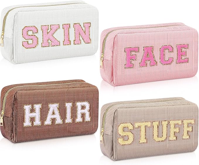 4 Pcs Travel Toiletry Bags for Women Preppy Makeup Bags Organizer Face Skin Hair Stuff Chenille Letter Pouch with Zipper Aesthetic Corduroy Skin care Hair Bag for Women Gifts