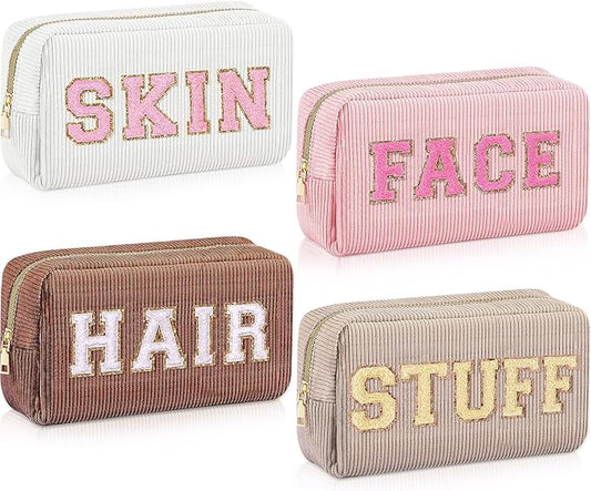 4 Pcs Travel Toiletry Bags for Women Preppy Makeup Bags Organizer Face Skin Hair Stuff Chenille Letter Pouch with Zipper Aesthetic Corduroy Skin care Hair Bag for Women Gifts