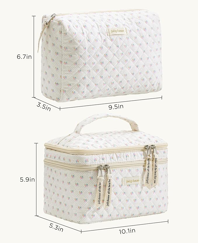 HBselect 2Pcs Travel Makeup Bag, Large Cotton Quilted Makeup Bag Cosmetic Bag Cute Make up Bag Toiletry Bags for Women Girls