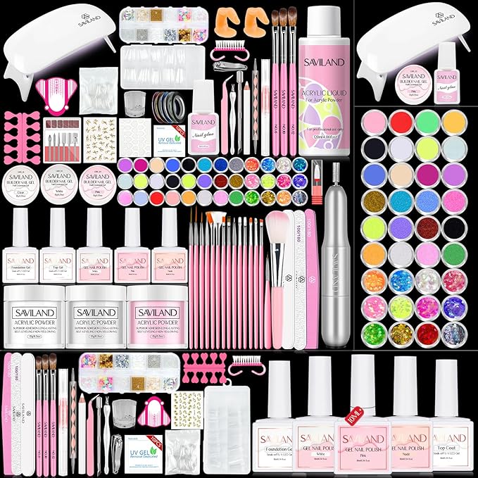 Saviland Acrylic Nail Kit with Drill – Nail Kit Acrylic Set for Nails Extension with Brush Gel Polish Builder Nail Gel Portable U V Light for Home DIY