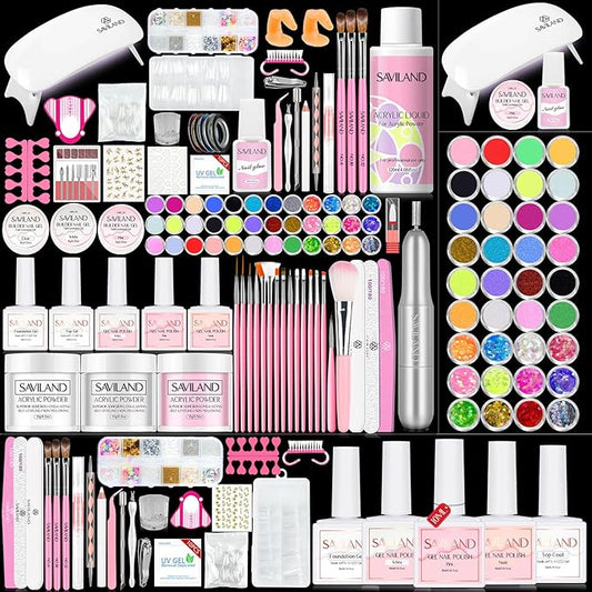 Saviland Acrylic Nail Kit with Drill – Nail Kit Acrylic Set for Nails Extension with Brush Gel Polish Builder Nail Gel Portable U V Light for Home DIY