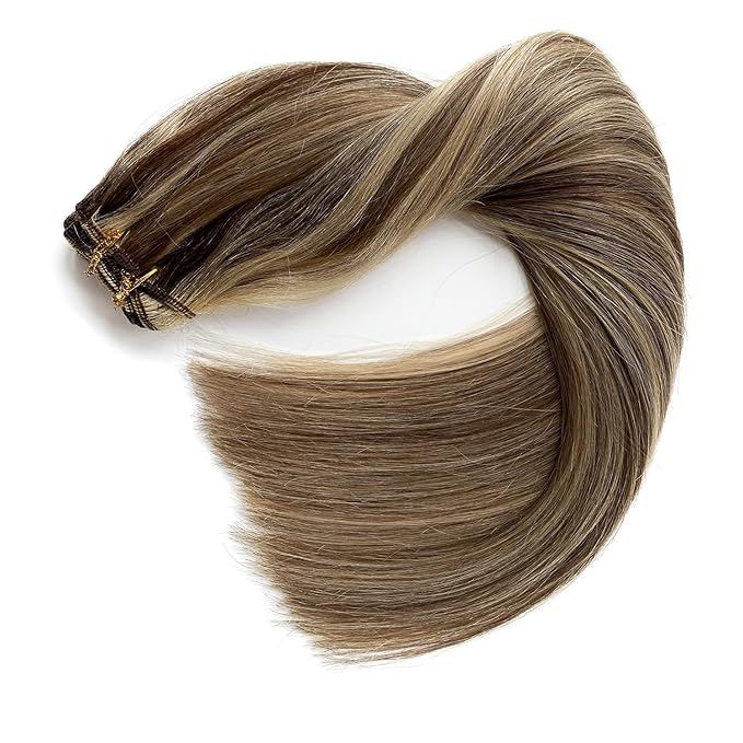 Sew In Real Human Hair Extensions, 20 Inch 100G Weft, Ash Brown Balayage Honey Blonde Highlights, Hand Tied, Remy Human Hair Bundles, Sew In for Women