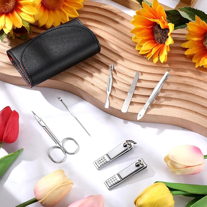 12 Set Manicure Set Bulk Mini Manicure Nail Clipper Kit 7 in 1 Stainless Steel Professional Nail Care Pedicure with Travel Portable Bag Grooming Kits for Women Men Home(Black)