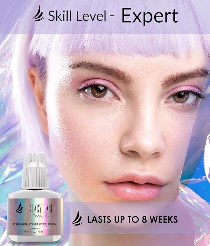 Crystal Clear Eyelash Extension Glue Stacy Lash (0.34fl.oz/10ml)/1 Sec Drying Time/Retention – 8 Weeks/Transparent Adhesive/Professional Supplies
