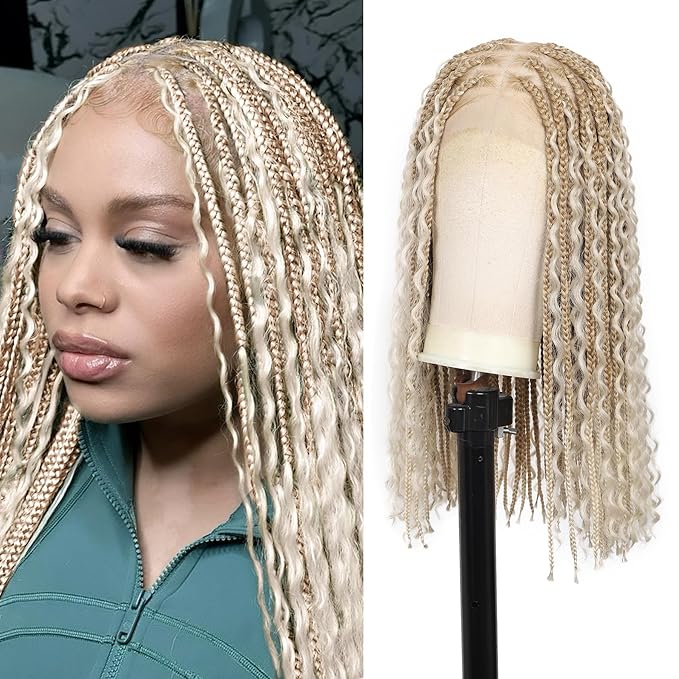 18 Inch HD Full Lace Braided Wigs for Women with Baby Hair Knotless Braid Wig Medium Human Hair blended Boho Box Braided Wigs With Cruls Ends Platinum Blonde