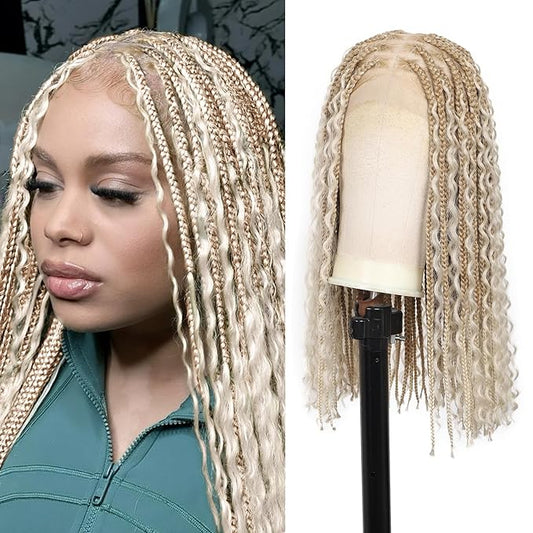 18 Inch HD Full Lace Braided Wigs for Women with Baby Hair Knotless Braid Wig Medium Human Hair blended Boho Box Braided Wigs With Cruls Ends Platinum Blonde