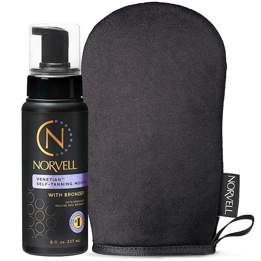 Norvell Sunless Self Tanning Bundle - Venetian Self Tanner Mousse with Bronzer, 8 Fl Oz + Streak-Free Tan Applicator Mitt - Premium Natural Looking Self Tanning Foam and Washable Self Tan Mitt