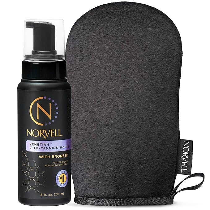 Norvell Sunless Self Tanning Bundle - Venetian Self Tanner Mousse with Bronzer, 8 Fl Oz + Streak-Free Tan Applicator Mitt - Premium Natural Looking Self Tanning Foam and Washable Self Tan Mitt