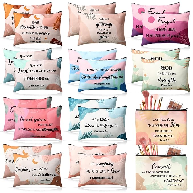 24 Pcs Christian Makeup Bag Bible Cosmetic Bags Inspirational Bible Verse Toiletry Pouches Canvas Motivational Pouches with Zipper for Women Organize Cosmetics Toiletries Stationery(Boho)
