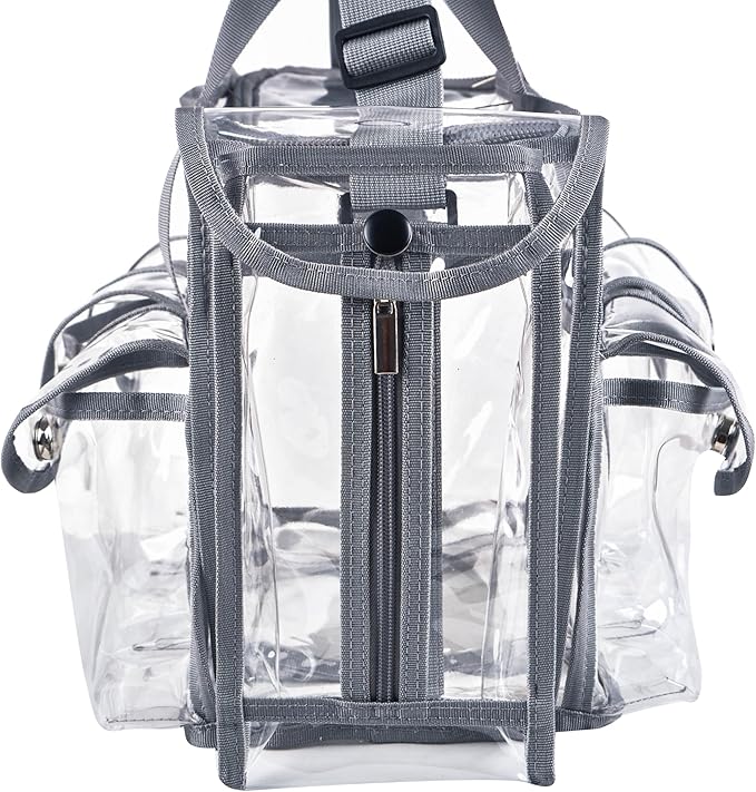 Wide Mouth Large Professional Clear PVC Travel Makeup Artist Set Bag Cosmetic Nails Beauty Bag Transparent Vinyl Tool Organizer Work Bag Beach Bag Diaper Bag with 6 External Pockets & Strap (Grey)