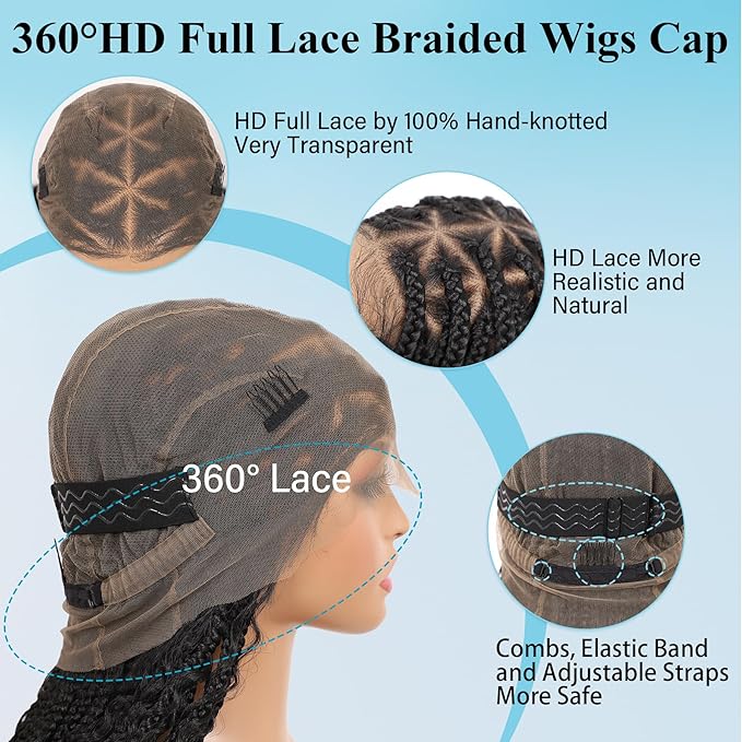 360° Hd Full Lace Boho Braided Wigs for Women Knotless Box Braid Wig with Baby Hair Natural Black Human Hair Blended Braided Lace Front Wigs 36"