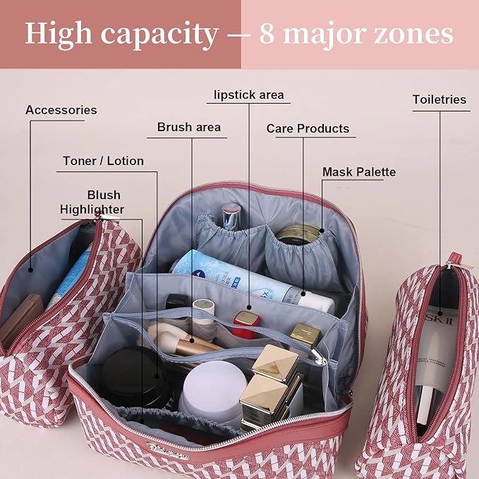 BOYATU Travel Makeup Bags for Women: Large Capacity Cosmetic Bag Set of 3 - Vegan Leather Make up Bags with Compartments - Wide Open Waterproof Toiletry Organizer Bag with Handle (E-03-Red)