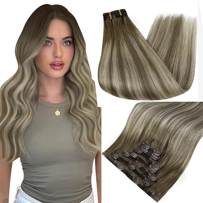 Full Shine Short Clip in Hair Extensions Balayage Brown Real Human Hair Extensions Clip ins Ash Brown Ombre Cool Blonde Clip on Extensions Human Hair for Short Hair 12 Inch 7 Pcs