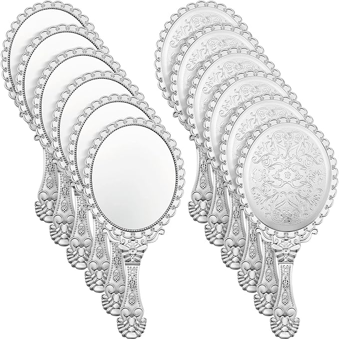 Qunclay 12 Pcs Vintage Handheld Mirror, 9.8" L x 4.5" W Small Sliver Embossed Portable Princess Mirror for Classroom Kids Princess Party Favors Travel