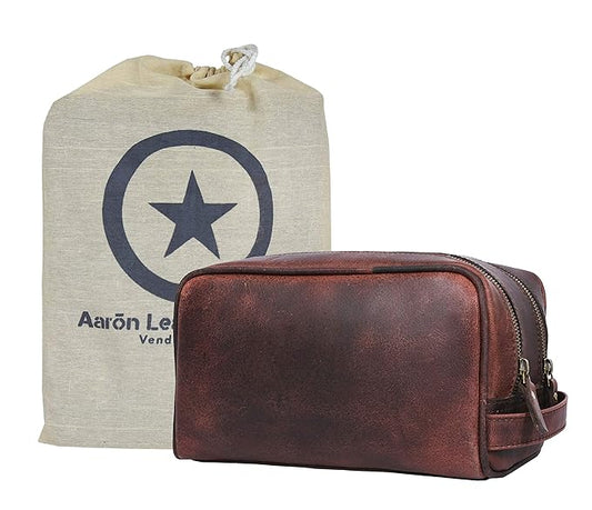 Aaron Leather Goods Leather Toiletry Bag for Men and Women Brown 10.5 Inch (Walnut)