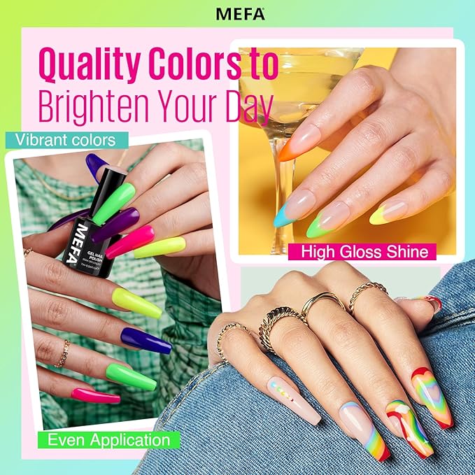 MEFA Neon Gel Nail Polish Set, 12 Colors Nail Polish Set Green Glitter Pink Yellow Blue Purple Red Soak Off Gel Nail Gifts for Women Girl DIY Salon Home Manicure