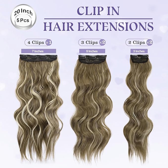20 Inch Clip in Synthetic Hair Extensions 5Pcs Light Brown Blonde Mix Wavy Curly Hairpieces for Women Thick & Natural-Looking
