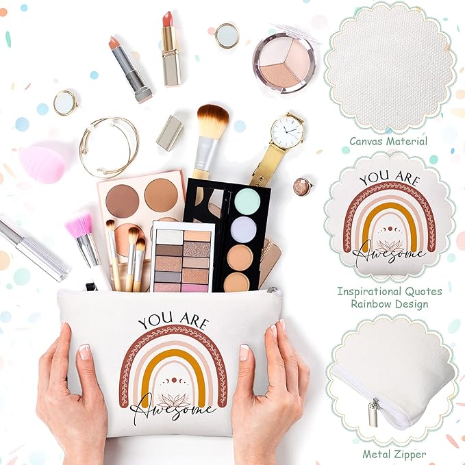 Coume 20 Pcs Inspirational Rainbow Canvas Makeup Bags Bulk Appreciation Quotes Cosmetic Bags Zipper Personalized Encouragement Travel Pouch Toiletry Bag for Women Teacher Nurse Friend(Rainbow)