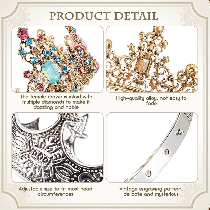 Sureio 2 Pcs Antique Royal King Crown for Men Baroque Queen Crown for 2025 Graduation Prom Party Crystal Tiara Prom Cosplay Birthday Wedding Hair Headband Accessories(Noble Style)