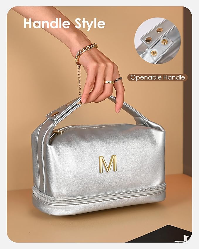 Gifts for Women 40s, Personalized Makeup Bag with Handle, Initial Double Layer Cosmetic Bag with Makeup Brush Organizer, Cute Cosmetic Pouch for Women, Gifts for Friends Female Mom