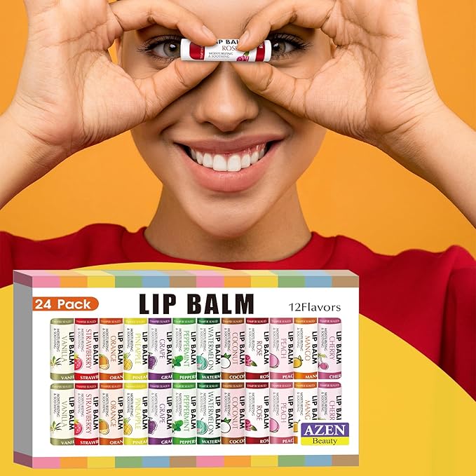 AZEN 24 Pack Lip Balm, Natural Lip Balm Bulk, Moisturizing Lip Balms for dry cracked lips