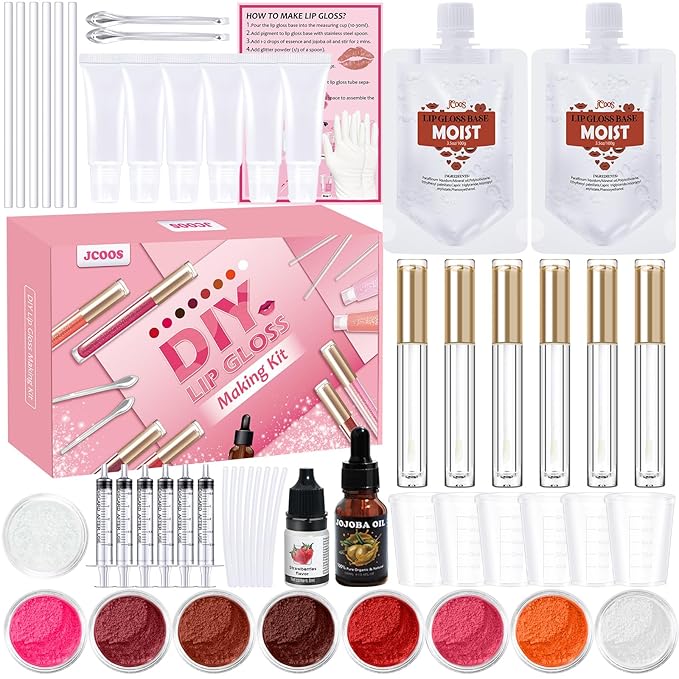 JCOOS Diy Lip Gloss Kit, Lip Gloss Making Kit, LipGloss Making Kit Make Your Own Lip Gloss Making Supplies, Shimmery LipGloss Base, Empty Tubes, Jojoba Oil, Women Teen Girl Gifts Trendy Stuff
