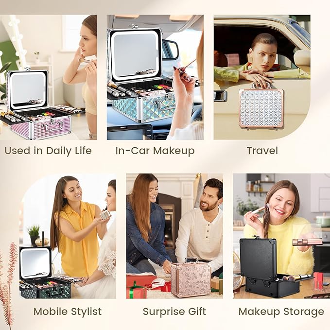 Makeup Case with Magnetic LED Mirror Travel Cosmetic Organizer Portable Makeup Box with Lighted Up Mirror Make Up Vanity Nail Box Lipstick Artist Storage with Lockable Dividers Brush Holder Shiny Blue