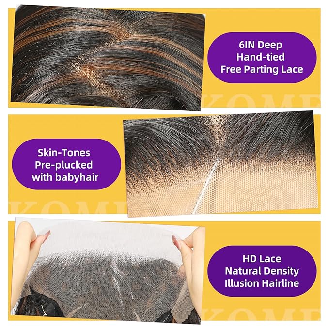 Black Brown Highlight Synthetic Lace Front Wig,13X6 HD Long Straight Glueless Wig for Women Daily Use 20IN（1B/30）