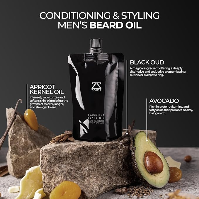 Beard Oil for Men, 100mL Refill Pouch - Black Oud (Growth Enhancer), Beard Care Essential, Moisturiser/Softener, Non-Greasy After Shaving Oil, Paraben-Free