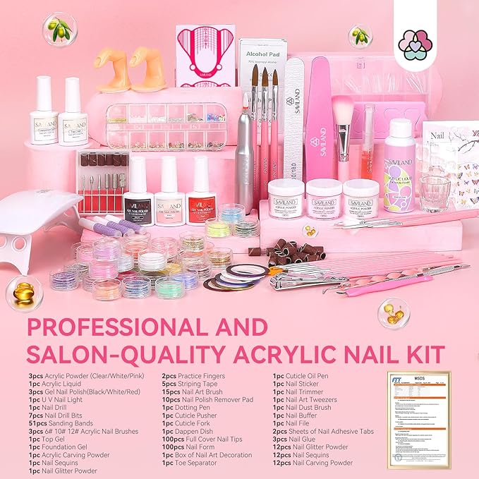 SAVILAND Acrylic Nail Kit with Drill: Professional Nail Kit Acrylic Set for Beginners with Everything Gel Polish U V Light Decorations for Home Salon Gift Set