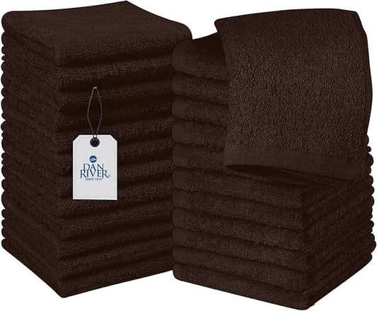 DAN RIVER 100% Cotton Washcloths 24 Pack Premium Quality Face and Body Cloth, Quick Dry Essential Towels for Bathroom, Hand, Kitchen & Cleaning, Baby Washcloths | 12X12 in | 400 GSM | Brown
