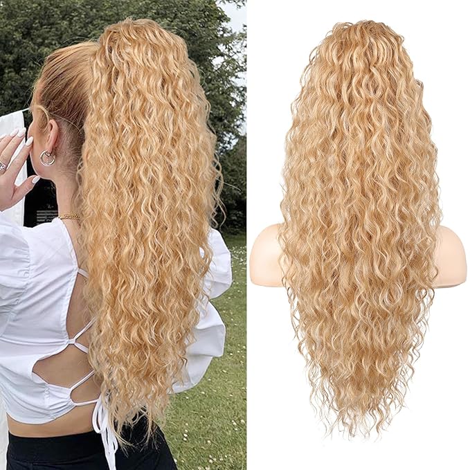 SEIKEA 26" Lightweight Curly Drawstring Ponytail, Long Thick Fake Pony Tail Multi Layered Natural Soft Clip in Hair Extensions with Synthetic Golden Blonde Highlights