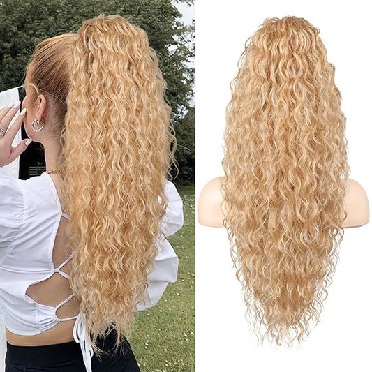 SEIKEA 26" Lightweight Curly Drawstring Ponytail, Long Thick Fake Pony Tail Multi Layered Natural Soft Clip in Hair Extensions with Synthetic Golden Blonde Highlights