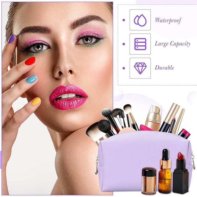 Sanwuta 9 Pcs Preppy Makeup Bag PU Leather Cosmetic Bag Makeup Pouch Plain Waterproof Toiletry Organizers for Traveling Preppy Travel Purse End of the Year Teacher Gifts Bulk(Purple)