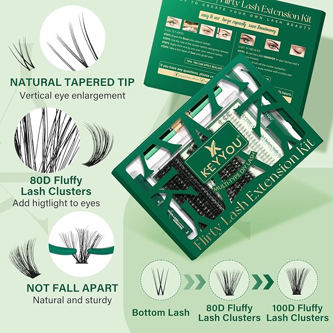 Lash Extension Kit with Bottom Lashes Mixed 5-18mm 80D 100D Eyelash Extension Kit Multi-Type Lash Clusters with Bond and Seal Applicator Remover DIY at Home